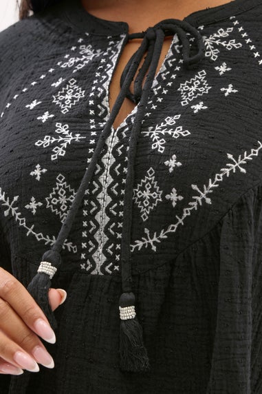 Yours Curve Black Embroidered Tie Front Blouse