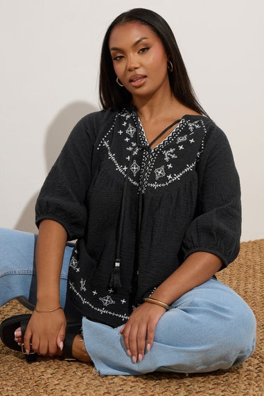 Yours Curve Black Embroidered Tie Front Blouse