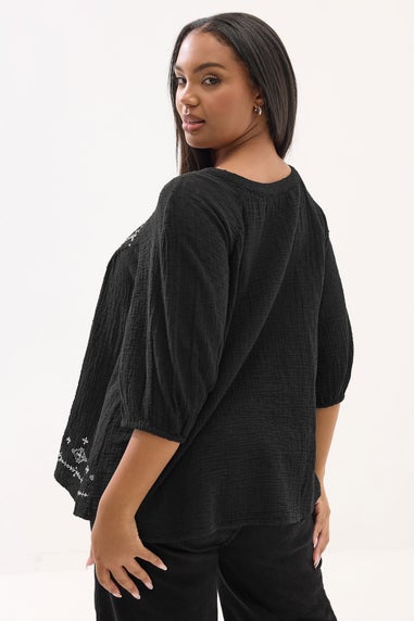 Yours Curve Black Embroidered Tie Front Blouse