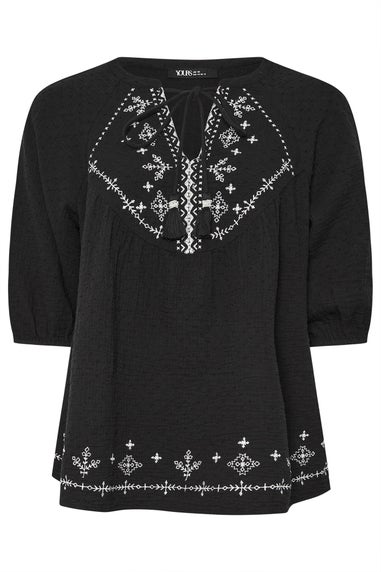 Yours Curve Black Embroidered Tie Front Blouse