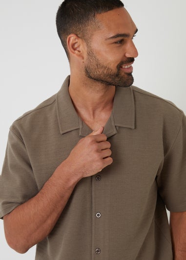 Threadbare Khaki Embley Textured Revere Collar Short Sleeve Shirt