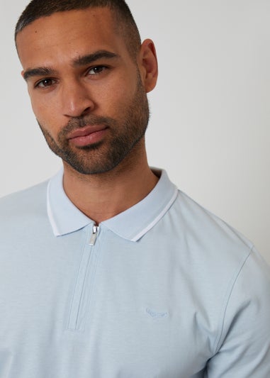 Threadbare Light Blue Birdseye Collar Quarter Zip Polo Shirt