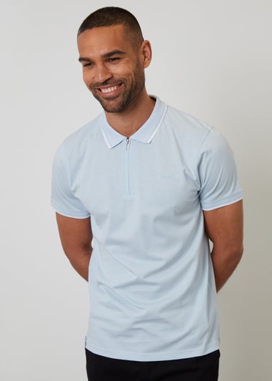 Threadbare Light Blue Birdseye Collar Quarter Zip Polo Shirt