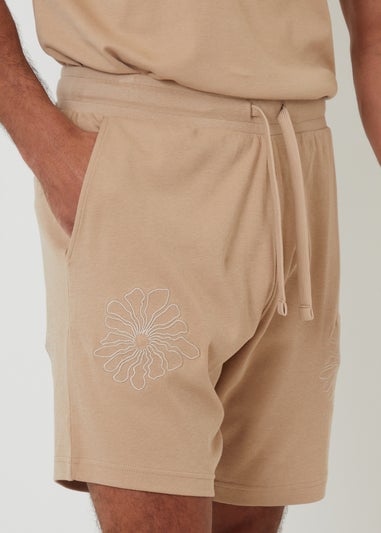 Threadbare Stone Floral Embroidered Cotton Sweat Shorts