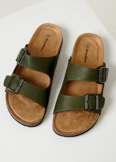 Threadbare Khaki Slip On Two Buckle Strap Sandals
