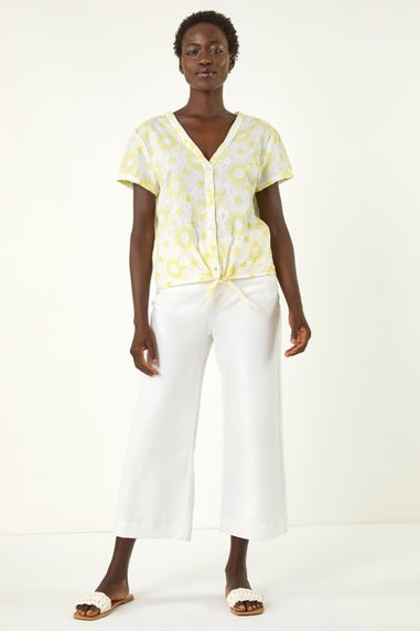Roman Yellow Cotton Broidery Tie Front Blouse