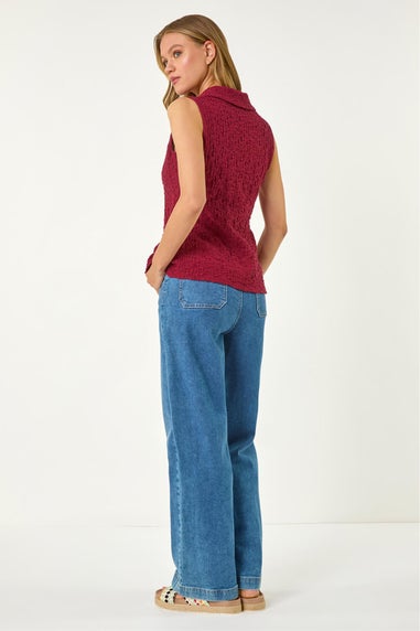 Roman Burgundy Wine Textured Sleeveless Buttoned Blouse