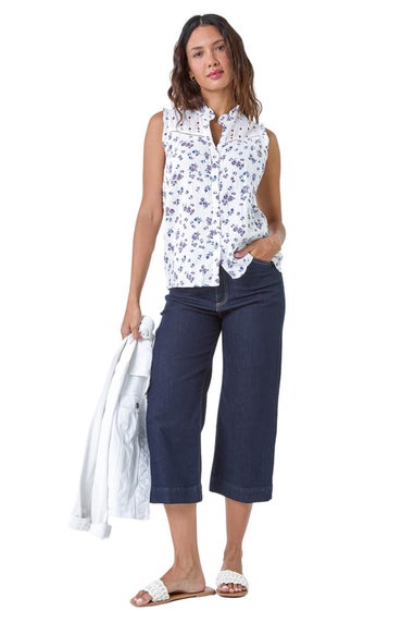 Roman Blue Cotton Embroidered V-Neck Floral Blouse