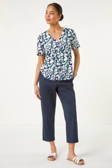 Roman Navy Petite Floral V-Neck Stretch Blouse