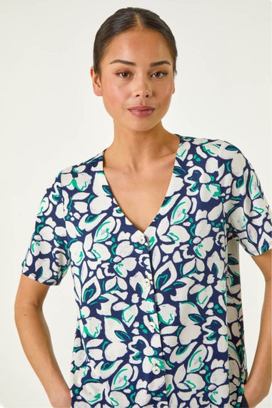 Roman Navy Petite Floral V-Neck Stretch Blouse