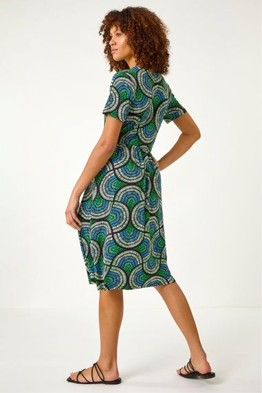 Roman Blue Abstract Print Stretch Midi Dress
