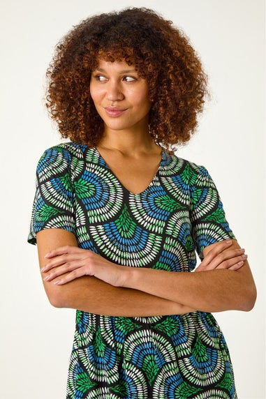 Roman Blue Abstract Print Stretch Midi Dress