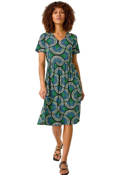 Roman Blue Abstract Print Stretch Midi Dress