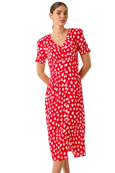 Roman Red Heart Print Ruched Midi Dress