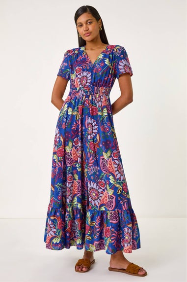 Roman Royal Blue Rose Print Button Detail Maxi Dress