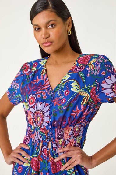 Roman Royal Blue Rose Print Button Detail Maxi Dress