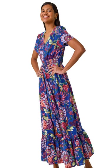 Roman Royal Blue Rose Print Button Detail Maxi Dress