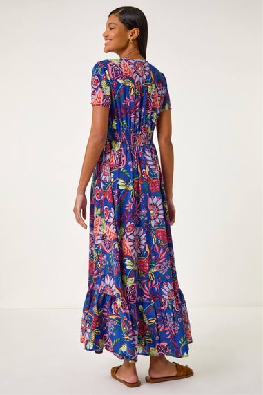 Roman Royal Blue Rose Print Button Detail Maxi Dress