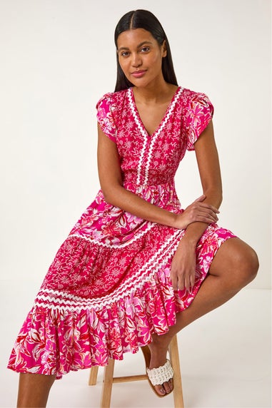 Roman Pink Floral Contrast Stitch Midi Dress
