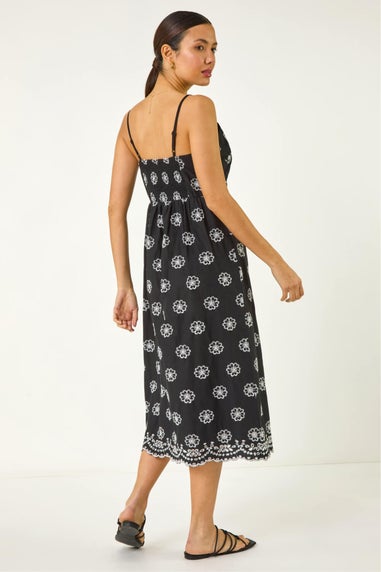 Roman Black Embroidered Strap Midi Sun Dress