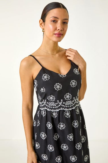Roman Black Embroidered Strap Midi Sun Dress