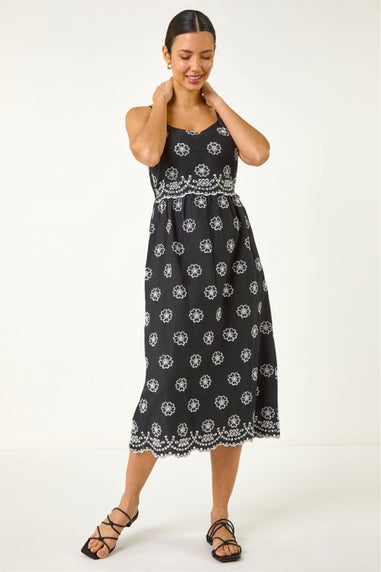 Roman Black Embroidered Strap Midi Sun Dress