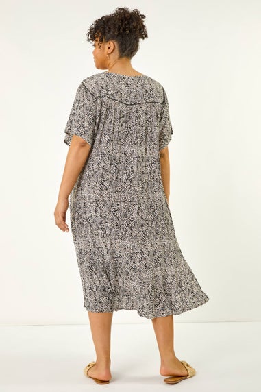 Roman Black Curve Tassel Trim Printed Dress