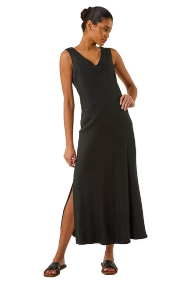 Roman Black Bias Linen Mix Midi Dress