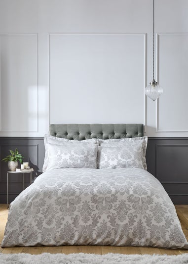 Catherine Lansfield Silver Grey Damask Jacquard Duvet Cover Set with Pillowcases