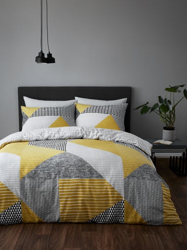 Catherine Lansfield Ochre Yellow Larsson Geo Reversible Duvet Cover Set with Pillowcases
