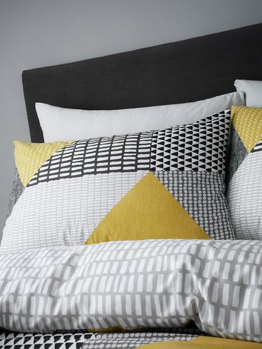 Catherine Lansfield Ochre Yellow Larsson Geo Reversible Duvet Cover Set with Pillowcases