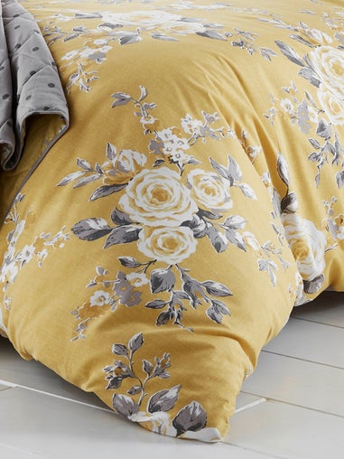 Catherine Lansfield Ochre Yellow Canterbury Floral Reversible Duvet Cover Set with Pillowcases