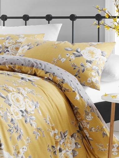 Catherine Lansfield Ochre Yellow Canterbury Floral Reversible Duvet Cover Set with Pillowcases