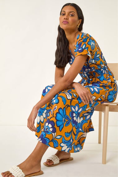 Roman Orange Floral Print Shirred Midi Dress