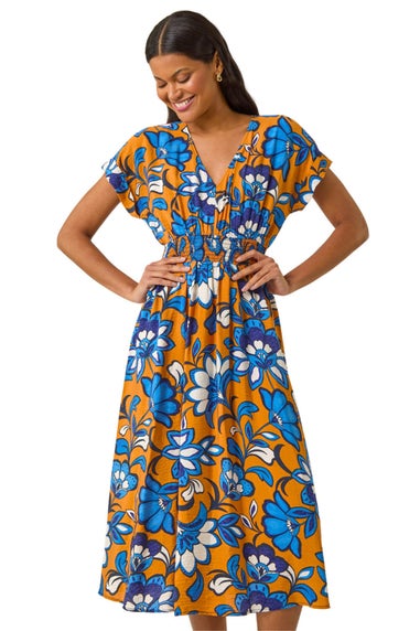 Roman Orange Floral Print Shirred Midi Dress