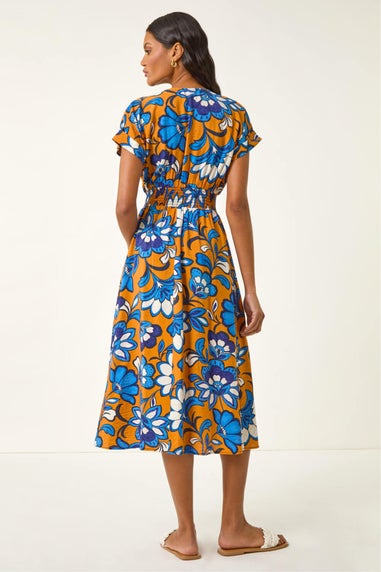 Roman Orange Floral Print Shirred Midi Dress
