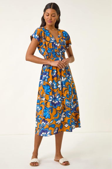 Roman Orange Floral Print Shirred Midi Dress
