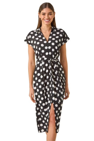 Roman Black Spot Print Belted Midi Dress