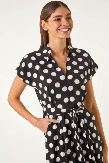 Roman Black Spot Print Belted Midi Dress