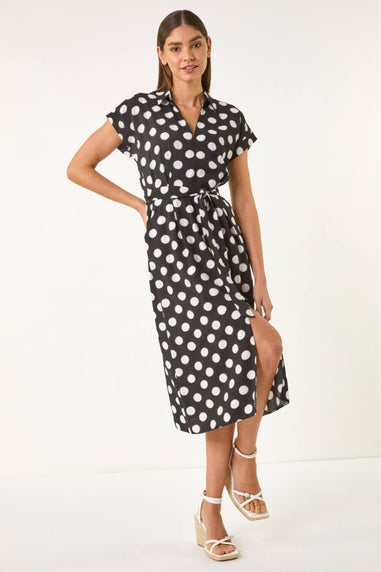 Roman Black Spot Print Belted Midi Dress
