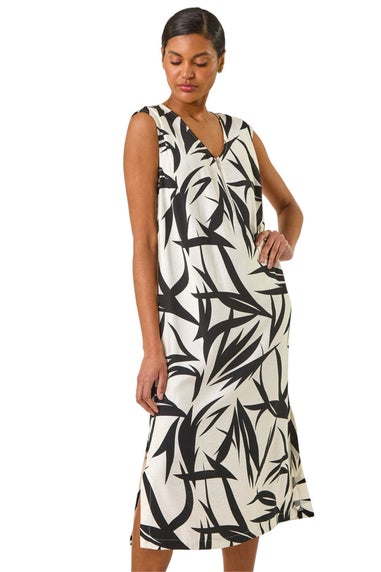 Roman Black Leaf Print Zip Front Midi Dress