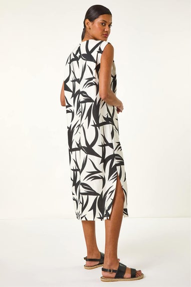 Roman Black Leaf Print Zip Front Midi Dress