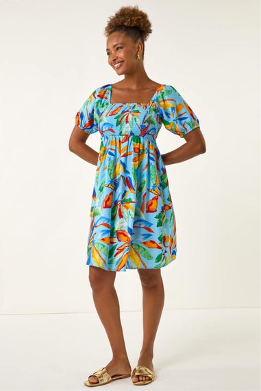 Roman Light Blue Leaf Print Shirred Short Dress