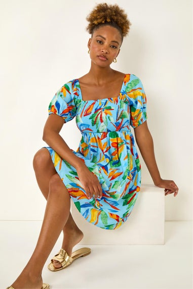 Roman Light Blue Leaf Print Shirred Short Dress