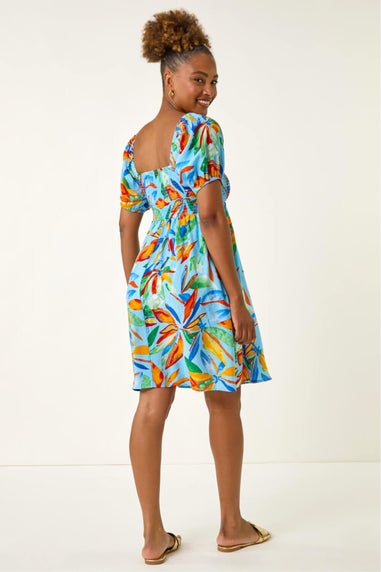 Roman Light Blue Leaf Print Shirred Short Dress