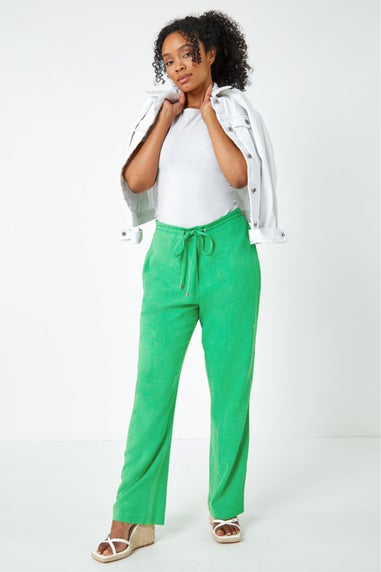 Roman Green Petite Linen Mix Elastic Waist Tie Front Trousers