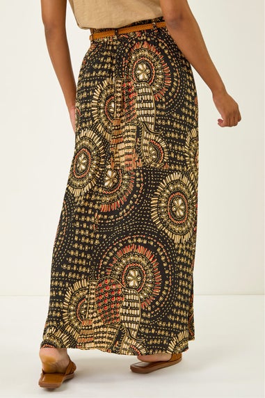Roman Black Abstract Print Belted A-Line Skirt
