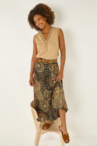 Roman Black Abstract Print Belted A-Line Skirt