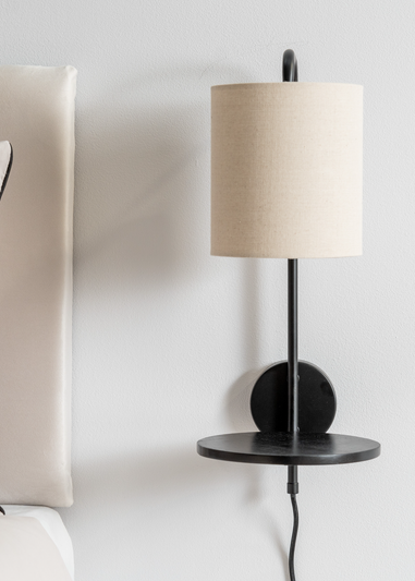 ValueLights Ryan Natural Linen Lamp Shade Metal Wall with Black Wood Shelf