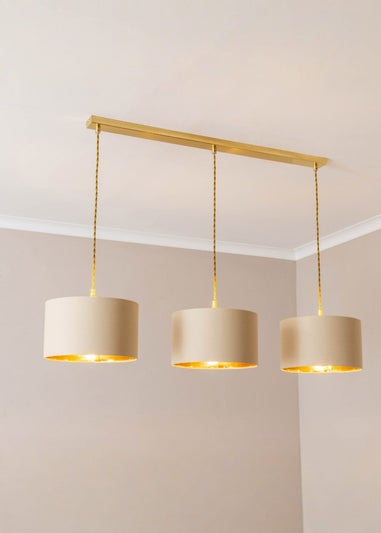 ValueLights Reni Natural & Gold Drum Shade 3 Drop Bar Diner Ceiling Light